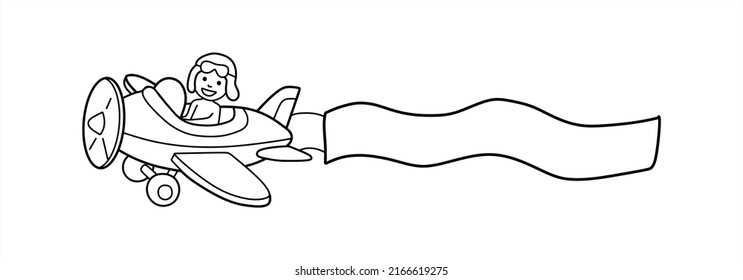 Black and white contoured cartoon airplane with a sign for the inscription. Children's coloring page, Graphic elements.