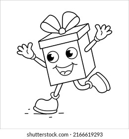 Black and white contoured cartoon character gift box joyfully runs. Children's coloring page.