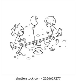 Black and white contoured cartoon kids swing on a swing with a balloon. Children's coloring page.