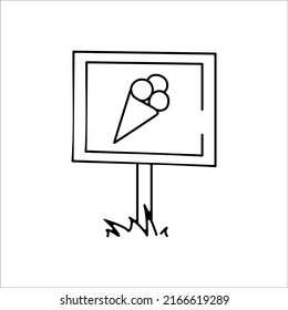 Black and white contoured cartoon sign with ice cream sign. Children's coloring page.