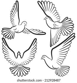 Black and white contours of four pigeons that fly. 