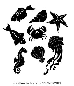 
black and white contours of marine inhabitants.