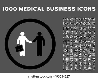 Black And White Contract Meeting vector bicolor rounded icon. Image style is a flat icon symbol inside a circle, gray background. Bonus clip art contains 1000 medicine business pictographs.