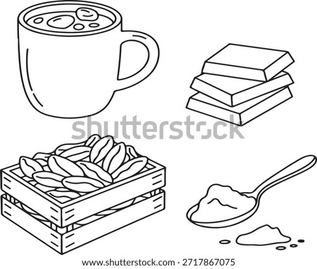 Black and white of cooking ingredients including chocolate bars nuts and soup