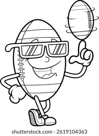 Black And White Cool American Football Mascot Spinning Ball - Vector Hand Drawn Illustration Isolated On Transparent Background