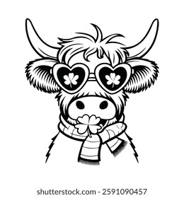 Black and White Cool Cow: Highland Style with Shamrock Shades Illustration
