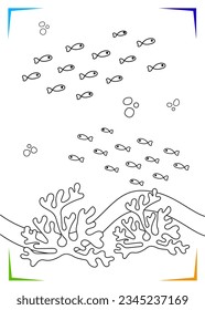 Black and white coral, reef Coloring page for kids. Marine underwater inhabitants vector illustration. Printable for kids. Worksheet for children. Coloring book Black outlines sea life.