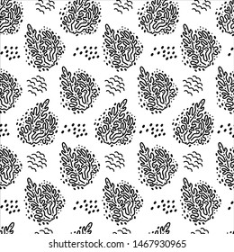 Black and white corals doodle seamless pattern in vector. Can be used for wallpaper, pattern fills, web page background, surface textures designs.