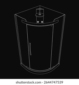 Black and white corner shower cabin with a glass door, clean lines, and minimalist design, set against a dark contrasting background. The detailed drawing highlights the sleek structure and modern.