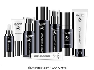 Black and white cosmetic bottle blank templates set, plastic containers bottles with spray, dispenser and dropper, cream tubes. Realistic 3d mock-up of cosmetics package.