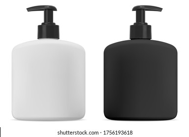 Black And White Cosmetic Bottle With Pump For Soap. Isolated Liquid Cream Or Gel Packaging Mockup For Body Wash. 3d Illustration Of Shampoo Package. Pet Tube For Antibacterial Product Ads Design