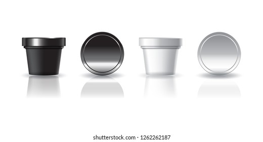 Black and white cosmetic or food round cup with lid for beauty, healthy or food product. Isolated on white background with reflection shadow. Ready to use for package design. Vector illustration.