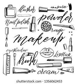 Black and white cosmetics background with lettering makeup. Hand drawn decorative cosmetics set