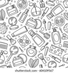 Black and white cosmetics and makeup seamless pattern in line art style. Vector illustration.