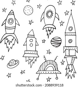Black and white cosmic vector seamless pattern. Rocket texture for baby boy stuff design. Cute pattern with hand drawn elements for covers, wall paper, wrapping paper, fabric and other child designs