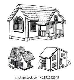 Black and white of a cottage sketch perspective, on white background. Ink hand drawn vector illustration