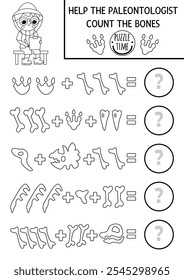 Juego de conteo en blanco y negro con lindos huesos de paleontólogo y dinosaurio. Actividad de adición de matemáticas para niños en edad preescolar. Hoja de trabajo de conteo de dinosaurios de línea prehistórica imprimible con esqueleto de animal antiguo