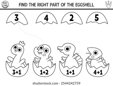 Black and white counting and matching game with baby dinosaurs in eggs and shells. Dino math addition activity for preschool kids. Prehistoric line printable counting worksheet with T-rex, brachiosaur