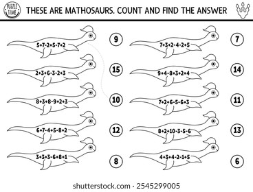 Juego de conteo y emparejamiento en blanco y negro con lindos plesiosaurios largos. Dinosaur line matemática actividad de adición y sustracción para niños. Hoja de cálculo de conteo prehistórico dino imprimible, página para colorear
