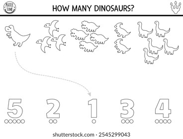 Juego de conteo y emparejamiento en blanco y negro con dinosaurios. Actividad de adición de matemáticas Dino para niños en edad preescolar. Hoja de trabajo de conteo de líneas prehistóricas imprimibles con T-rex, braquiosaurio, triceratops, iguanodon