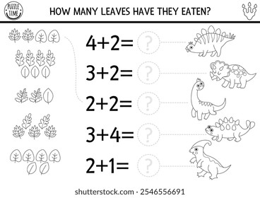 Black and white counting and matching game with ancient animals, leaves. Dinosaur math addition activity for kids. Prehistoric line printable counting worksheet with ankylosaur, stegosaur