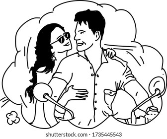 Black and White Couple on Bike Vector Illustration