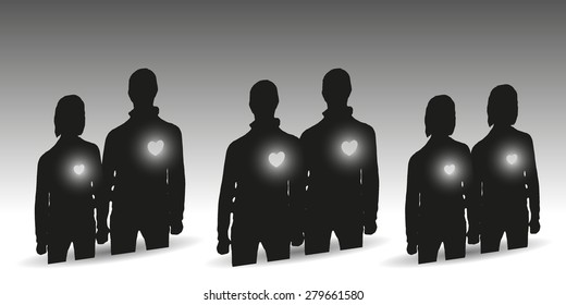Black and white couples. 3 dimensional silhouette.