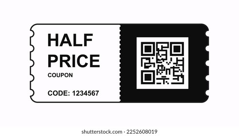 Black and white coupon or ticket. Discount template for half price. Special offer for consumers and clients. Big Sale or Black Friday. Cartoon flat vector illustration isolated on white background