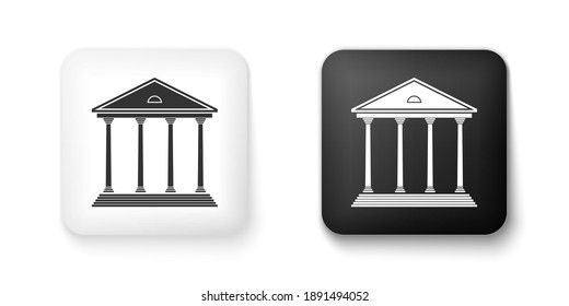 Icono de la construcción en blanco y negro del Palacio de Justicia aislado en un fondo blanco. Construyendo banco o museo. Botón cuadrado. Vector.