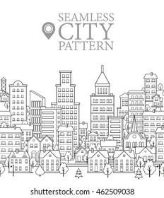 Black and White Cover Design or Seamless Pattern with Endless City. Funny Urban Background. Modern Vector Illustration in Flat Style