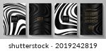 Black and white cover design set. Wavy background with line pattern (wavy curves). Platinum vector for business background, sport brochure template, grey planner, flyer a4, music poster