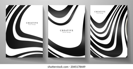 Black and white cover design set. Wavy background with line pattern (wavy curves). Platinum vector for business background, sport brochure template, grey planner, flyer a4, music poster