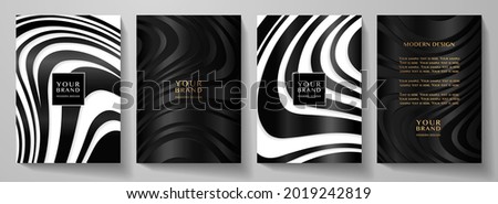 Black and white cover design set. Wavy background with line pattern (wavy curves). Platinum vector for business background, sport brochure template, grey planner, flyer a4, music poster