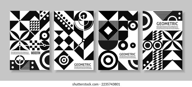 Black and white cover set. Beautiful abstract geometric pattern background, vector circles, triangles and square lines, abstract art design. Postmodernist background. Composition for book covers.