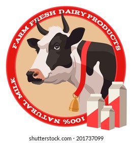 Black and white cow with bell and package of milk label in red style