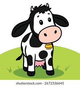 A black and white cow with a bell, simple farm animal, flat vector graphic with thick black outlines and solid colors, on a green pasture background