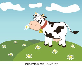 black and white cow eating daisy and cloud on the sky.vector illustration.