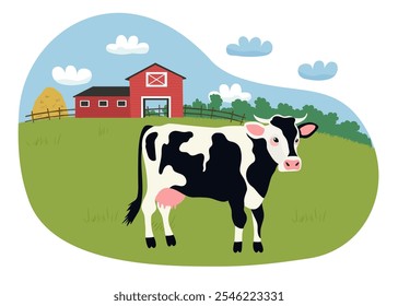 Las vacas blancas y negras pastan en un prado. Granja roja en el fondo. Ilustración plana de Vector.