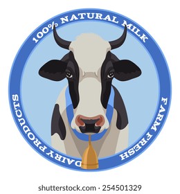 Black and white cow label with bell, front view, blue style