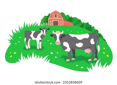 Black and white cow with a little calf grazing in the green meadow. Red farm barn in the distance. Free range cattle, eco farming concept. Simple flat stylized rural illustration