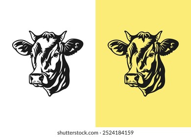 Logotipo de vaca en blanco y negro. Boceto de cabeza de vaca o de toro. Concepto de carnicería y carne de res. Proteger animales.