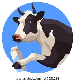 Black and white cow and package of milk on blue background