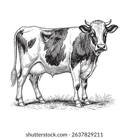 Black and White Cow Silhouette Vector Illustration on Grass