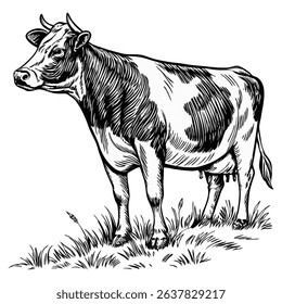 Black and White Cow Silhouette Vector Illustration on Grass
