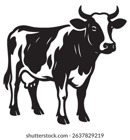Black and White Cow Silhouette Vector Illustration on Grass