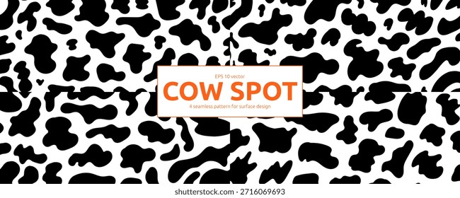 Conjunto de patrón de piel de vaca en blanco y negro. Textura animal sin costuras con el kit de impresión de deporte de leche. Paquete de diseño de superficie de Vector Doodle