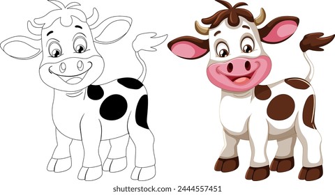 Black and white cow in two vector styles.