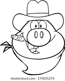 Black And White Cowboy Pig Head Cartoon Character. Vector Illustration Isolated on white