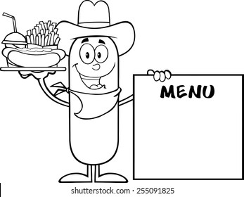 Black And White Cowboy  Sausage Carrying A Hot Dog, French Fries And Cola Next To Menu Board.Vector Illustration Isolated On White