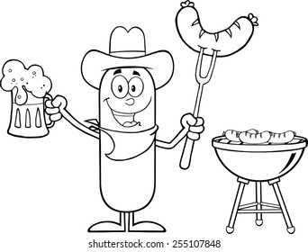 Black And White Cowboy Sausage Cartoon Character Holding A Beer And Weenie Next To BBQ. Vector Illustration Isolated On White